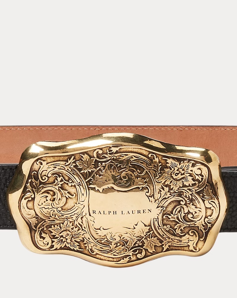 Tooled-Buckle Pebbled Calfskin Belt