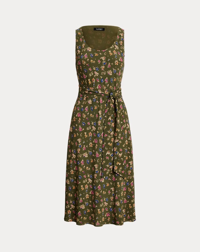 Floral Belted Crepe Sleeveless Dress
