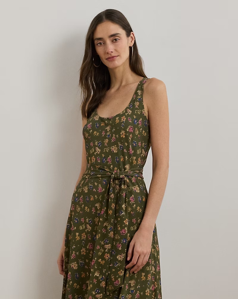 Floral Belted Crepe Sleeveless Dress